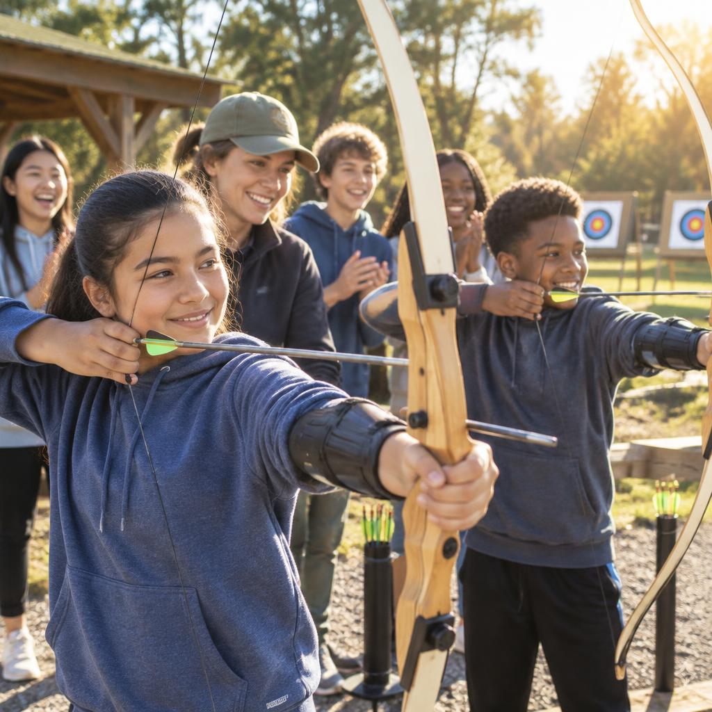 Junior high students practicing archery together outdoors with a coach encouraging them