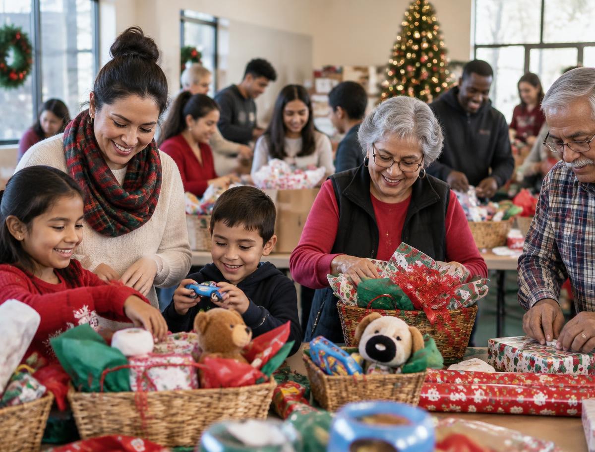 Neighbors preparing holiday gifts and baskets together