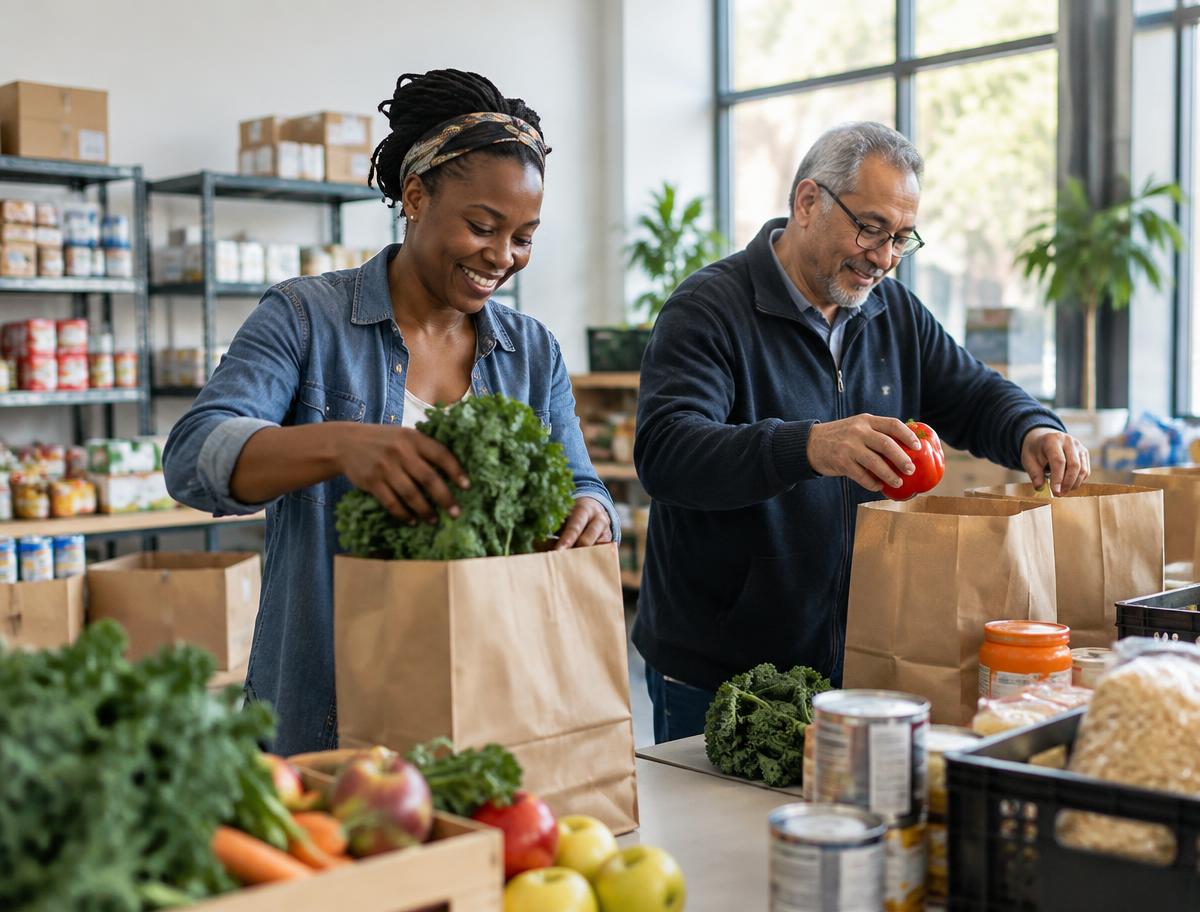 Volunteers filling grocery bags with food for neighbors