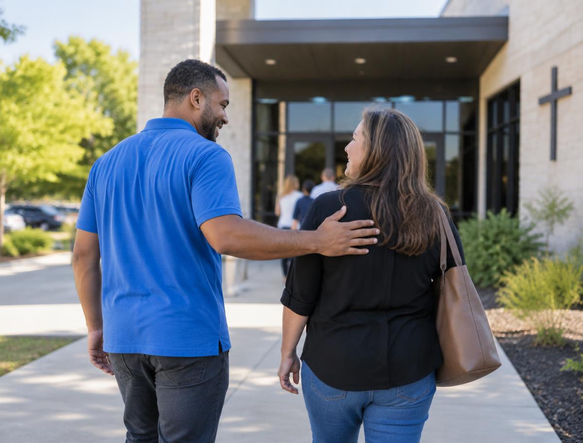 A volunteer warmly greeting a visitor at the front of a church