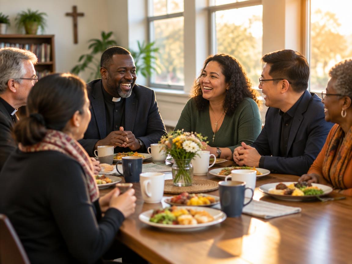 Pastors and church leaders sharing a meal and talking together around a table
