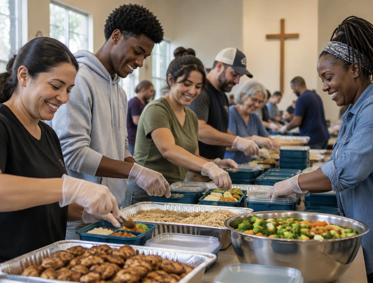 Volunteers working together to pack fresh meals