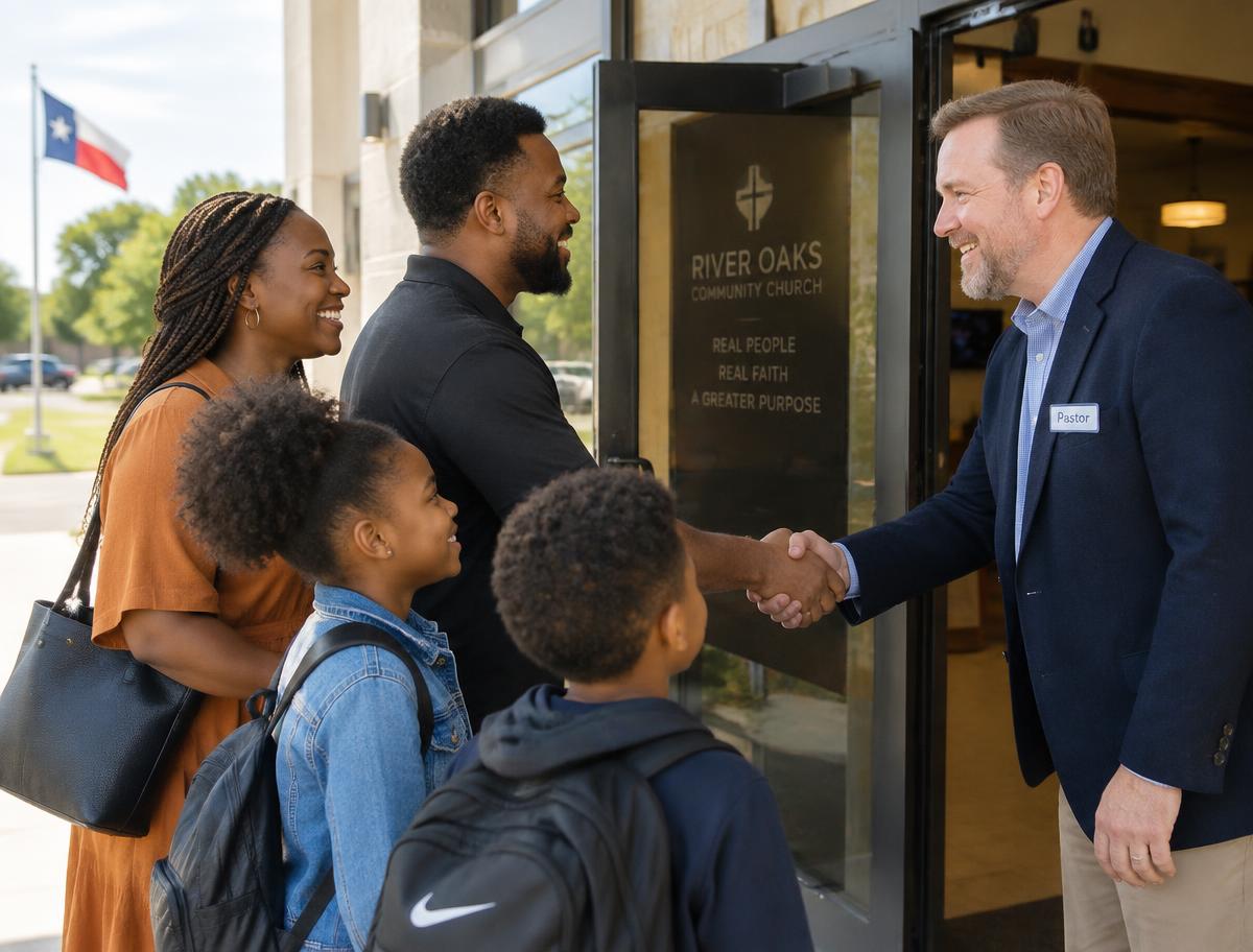 A pastor welcoming a family at the front door of a local church