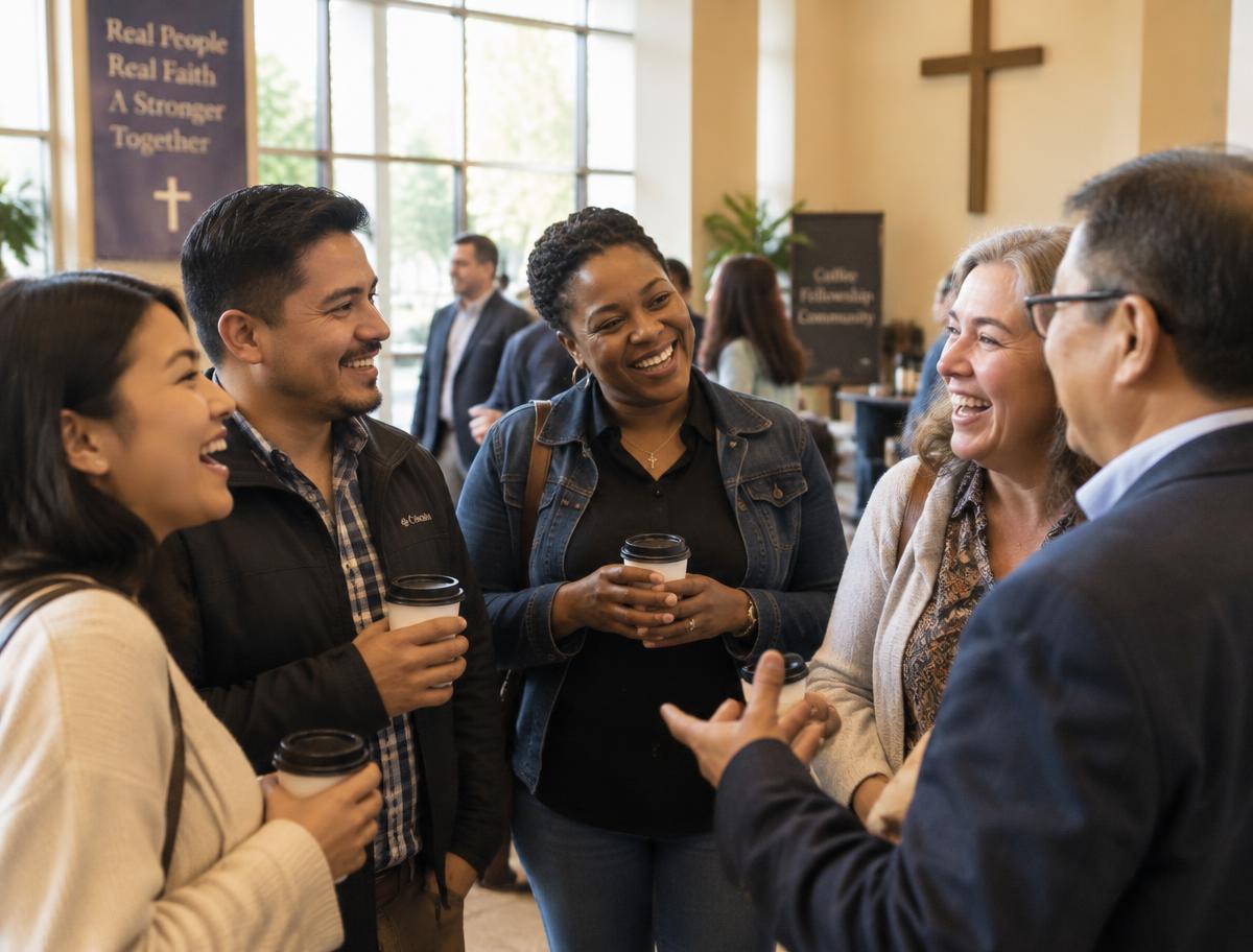 A multi-ethnic group sharing coffee and conversation in a church lobby