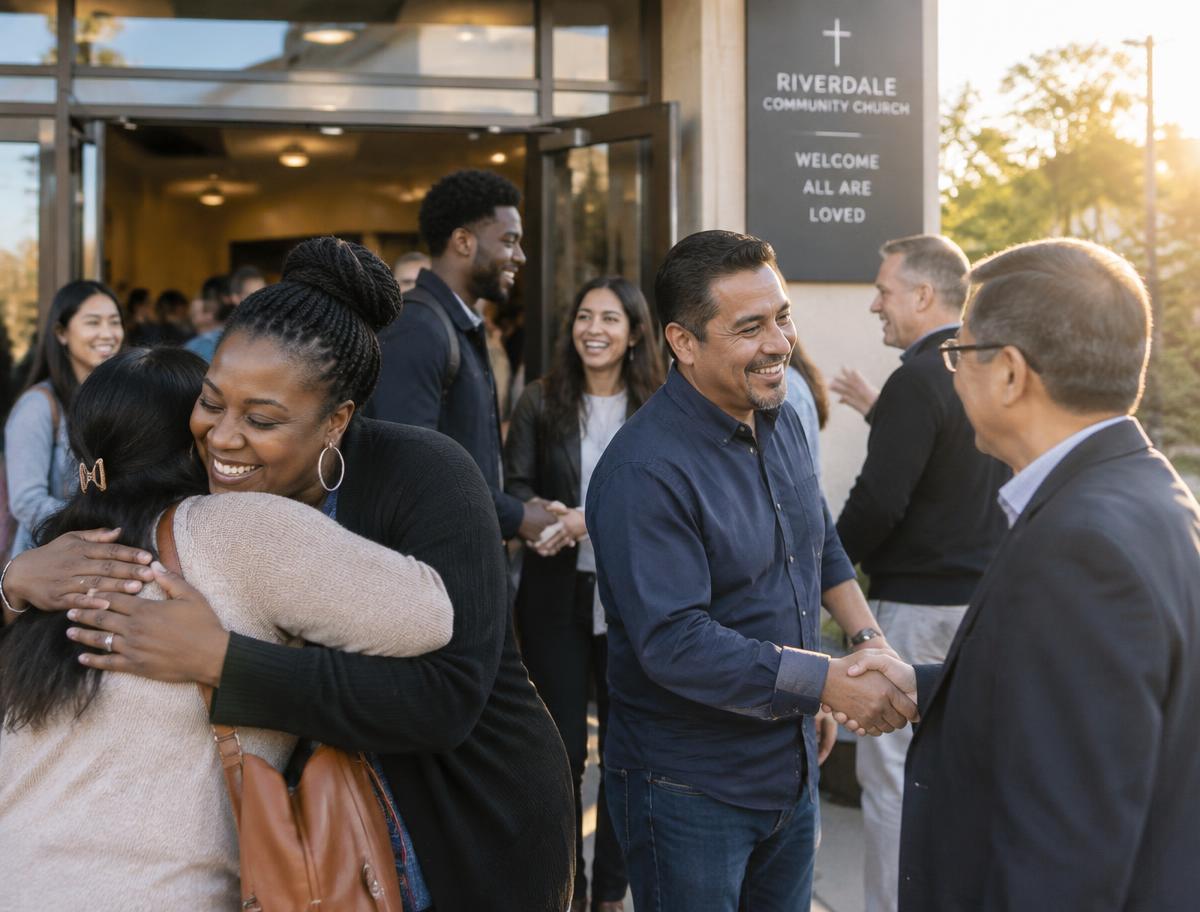 A diverse congregation greeting one another warmly outside a local church