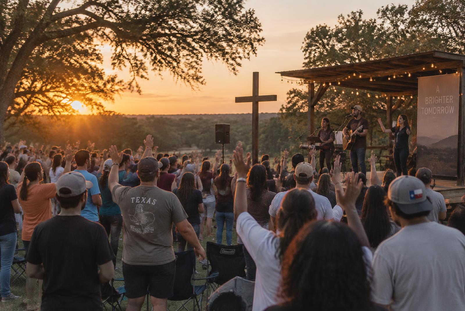 Neighbors worshiping together in the park at sunset
